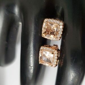 Sterling Silver 925 Rose Gold Morganite Princess Cut Earrings